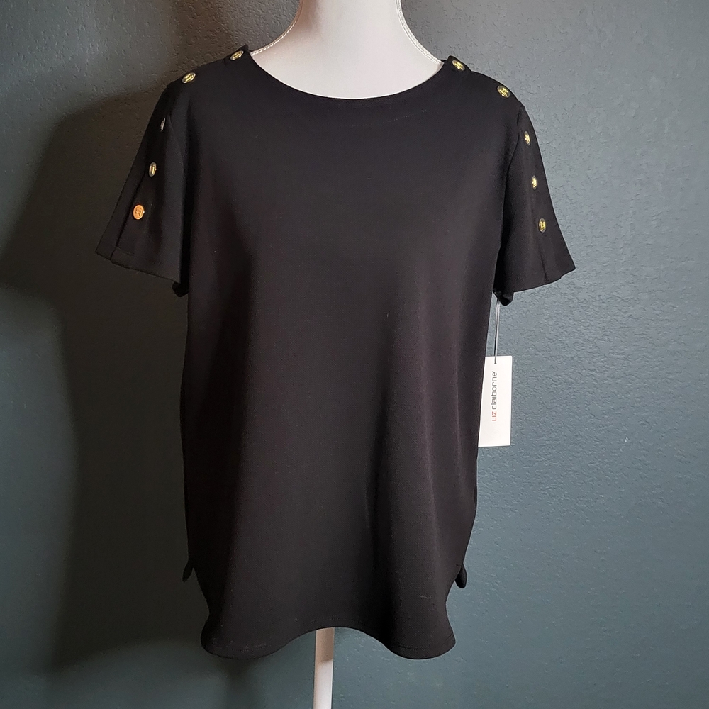 Liz Claiborne Black Textured Top Gold Button Shoulder Detail Size Small NWT